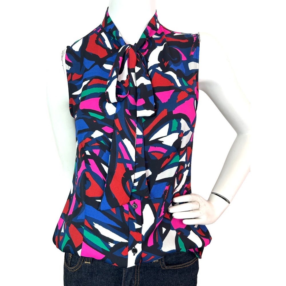 Anne Klein 80s Tie Neck Bow Top Blouse S Sleeveless Geometric Abstract Career